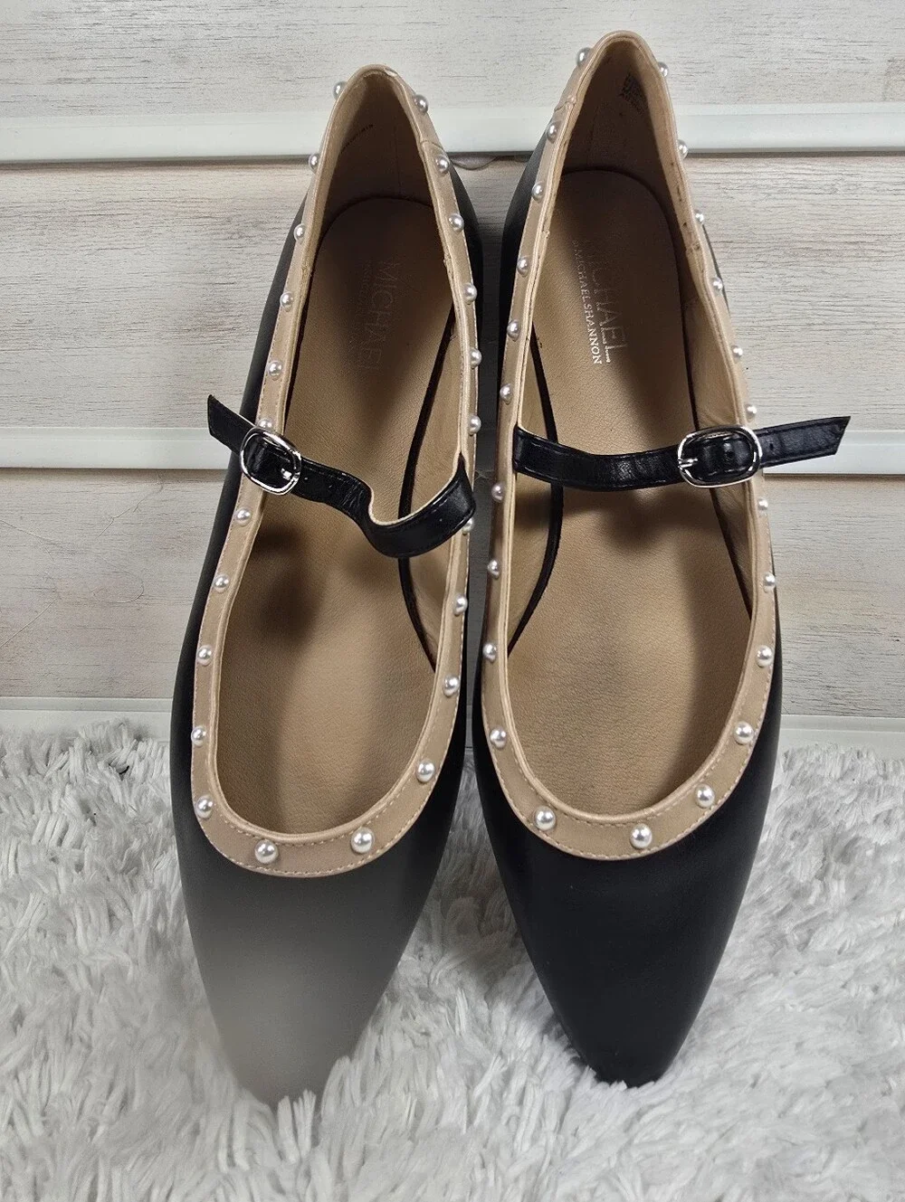 MICHAEL Michael Kors Black Mary Jane Flats with Pearl-Trim Beige Trim_2